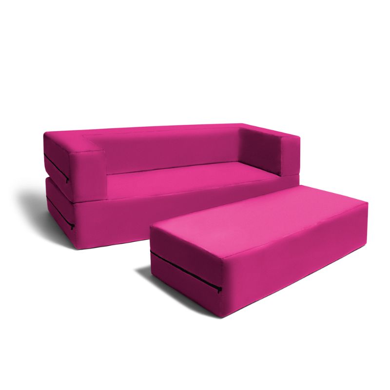 Jaxx Zipline convertible kids sofa and ottoman set in pink, a machine washable convertible kids sofa for kids' rooms and schools