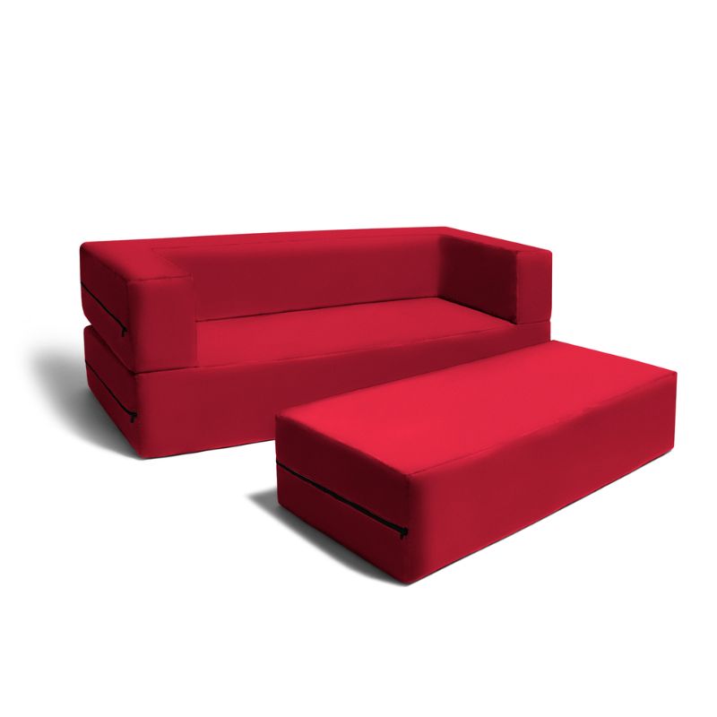 Jaxx Zipline convertible kids sofa and ottoman set in red, a flexible seating option for classrooms and library reading corners
