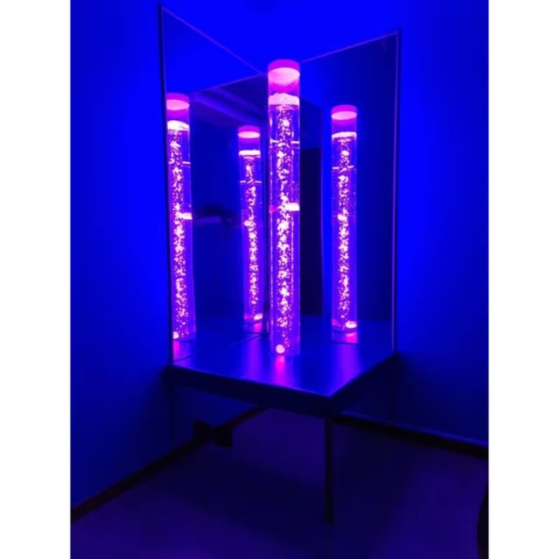 TFH Corner Bubble Tube Podium reflecting an illuminated bubble tube in blue light through its mirrored sides