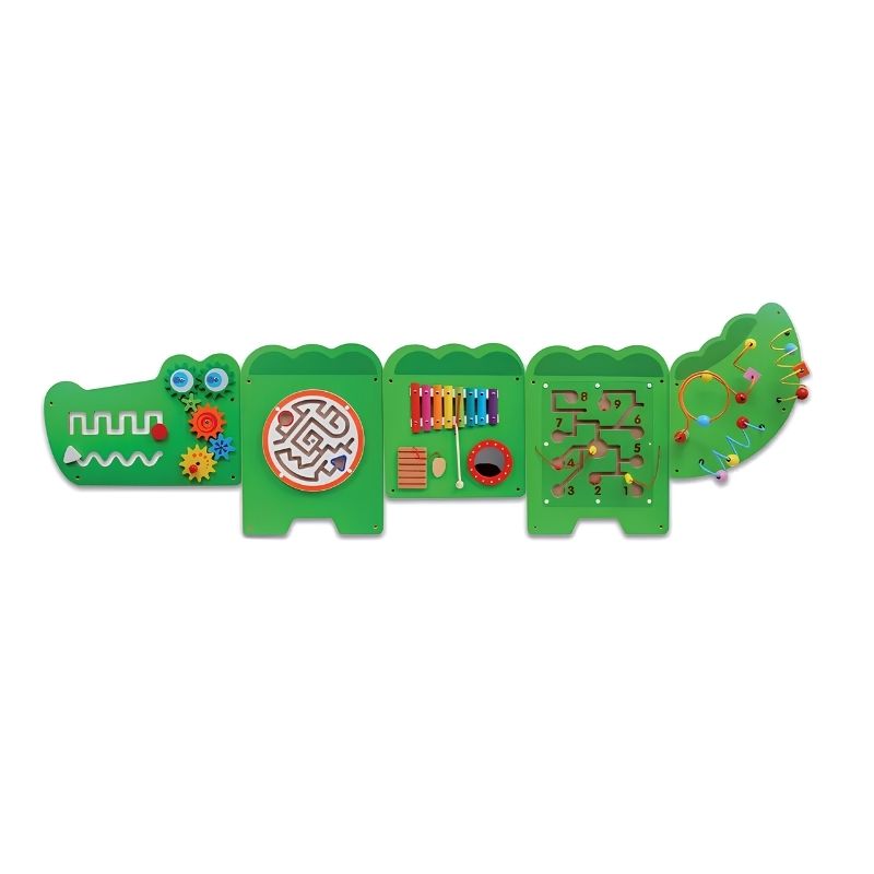 The TFH Crocodile Activity Wall Panel shown in full, a five panel sensory wall panel with gears, mazes, a xylophone and a bead maze shaped like a crocodile