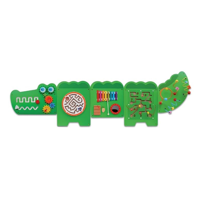 The TFH Crocodile Activity Wall Panel shown in full, a five panel sensory wall panel with gears, mazes, a xylophone and a bead maze shaped like a crocodile