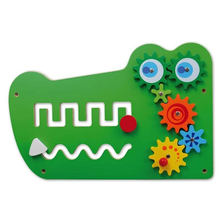 The head panel of the TFH Crocodile Activity Wall Panel featuring spinning gears and a wave shaped tactile maze on this sensory activity wall panel