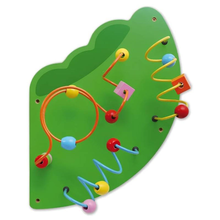 The tail panel of the TFH Crocodile Activity Wall Panel featuring looping bead mazes and wooden shapes on this sensory wall panel