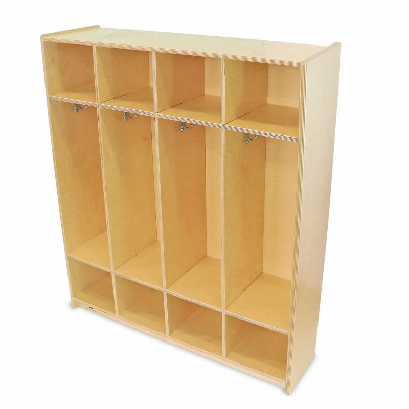 Empty Whitney Brothers Four Section Coat Locker in natural birch plywood, showing double hooks and upper and lower daycare cubbies for eight children