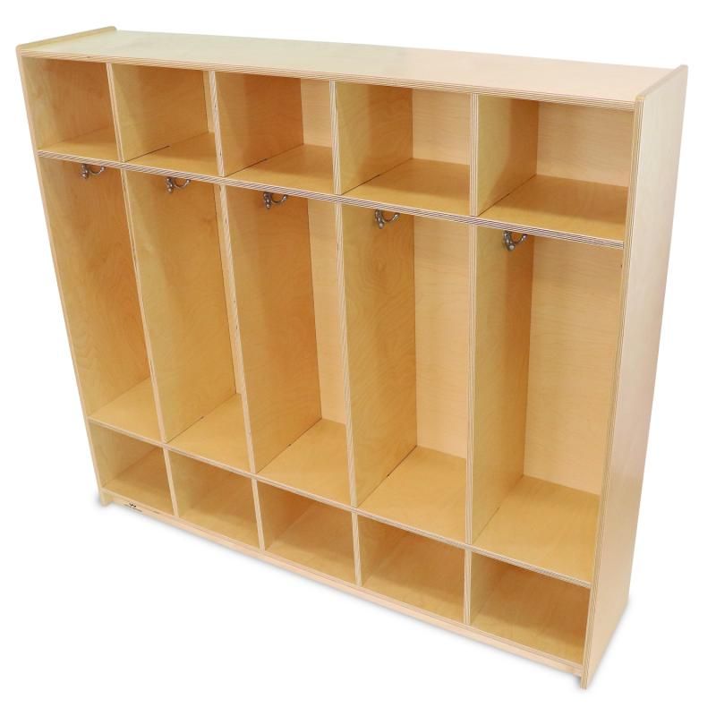 Empty Whitney Brothers Five Section Coat Locker in natural birch plywood with double hooks and upper and lower daycare cubbies in each section