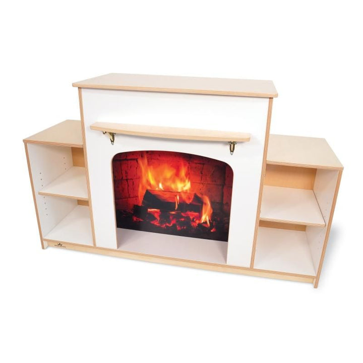 Front view of the Whitney Brothers Warm and Welcoming Fireplace in white, a dramatic play fireplace with a printed hearth and two adjustable side shelves