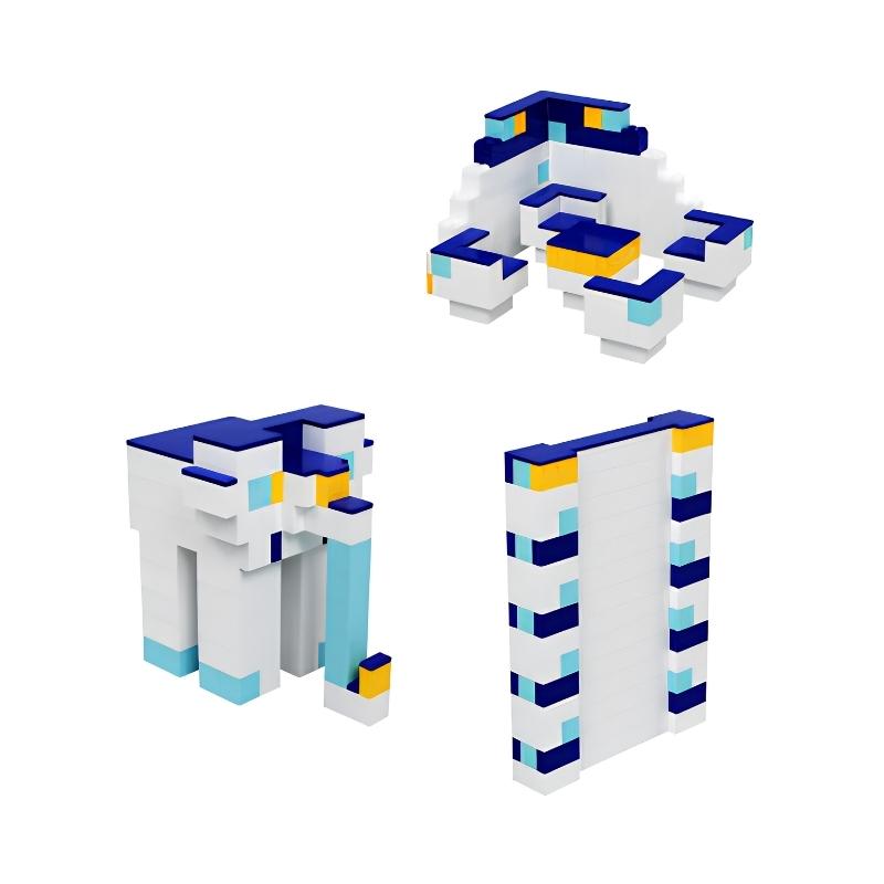 Three sample builds made from EverBlock giant building blocks, including seating, an elephant structure and a modular wall