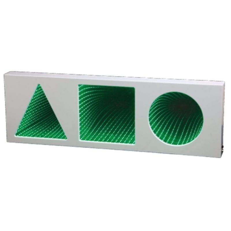 Experia 3 Shape Calming Infinity Tunnel front clean view showing the 1.5 metre wide wall-mounted LED panel with triangle, square and circle auto colour-cycling infinity light effects — no controller required