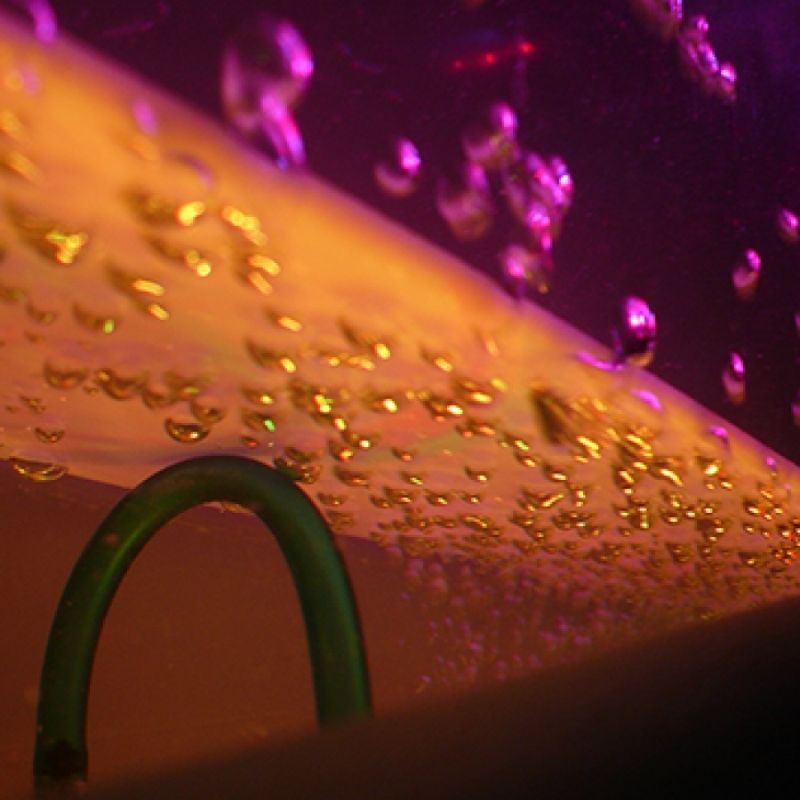 Close-up of the Experia Calming LED Bubble Wall showing hundreds of rising bubbles and slowly shifting colours across the wall-mounted sensory display surface