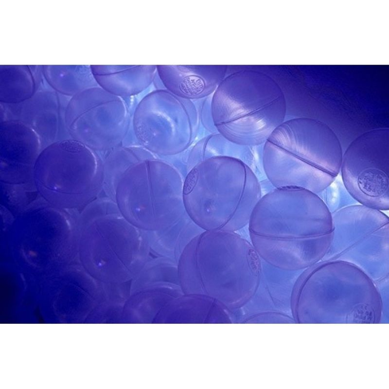 Close-up of Experia Interactive LED Ball Pool translucent balls illuminated in purple light, showing the full-pool colour-change effect achieved by pressing the wall-mounted colour switch
