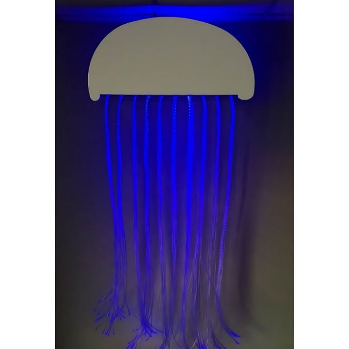 Experia IRiS Fibre Optic Jellyfish front view in blue-white light showing the full hanging display of 150 IRiS-controlled colour-changing fibre optic strands