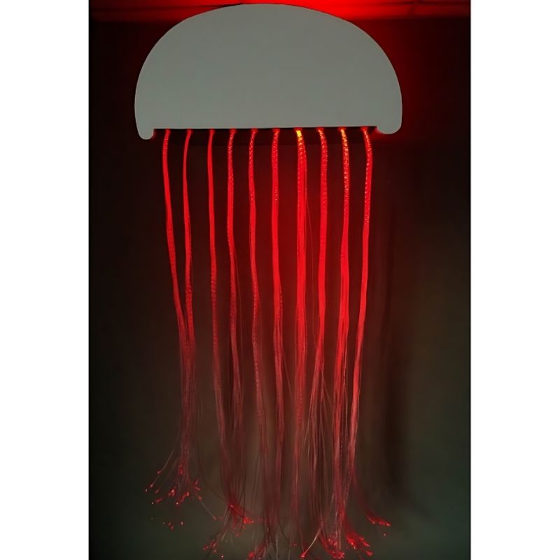 Experia IRiS Fibre Optic Jellyfish front view in red light demonstrating the IRiS Listener colour-change response across all 150 fibre optic tentacles