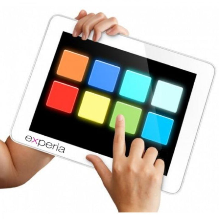 Close-up of the Experia IRiS+ iConverter with Apple device showing the IRiS+ App interface used to wirelessly control any paired IRiS Listener through touch, sound, or vibration