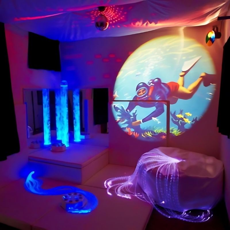 Experia Premium Sensory Room complete setup showing bubble tube, platform, acrylic mirrors, fibre optics, and soft wall padding in a fully equipped corner sensory environment