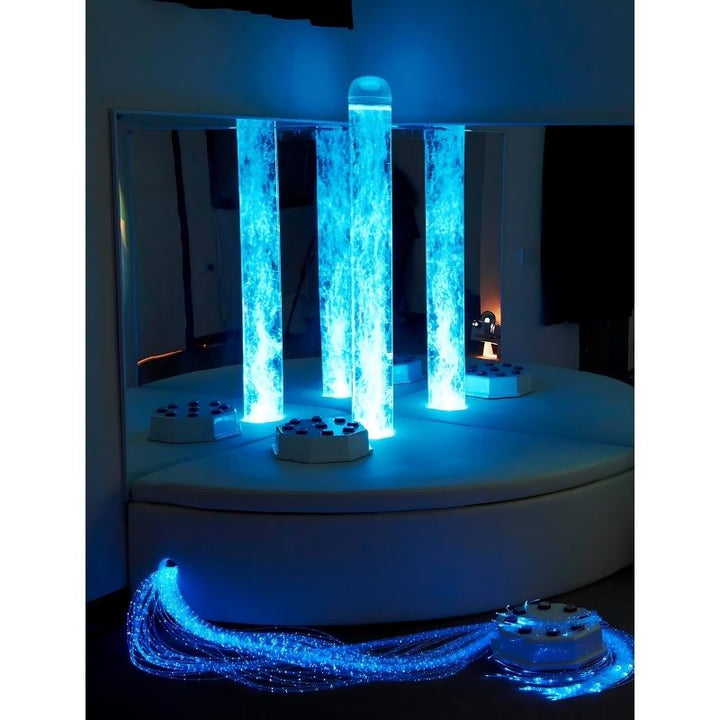 Experia Sensory Corner Bundle full corner room view in blue light, showing the complete Superactive sensory kit with bubble tube, fibre optics, and projector installed in a single corner space