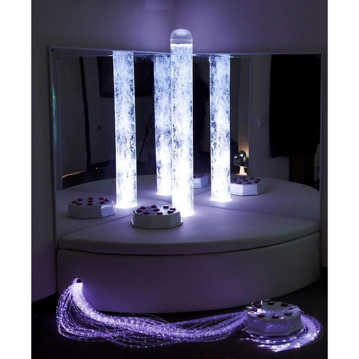Experia Sensory Corner Bundle full corner room view in cool white light, showing the compact corner sensory room installation for schools, therapy clinics, and limited-space settings
