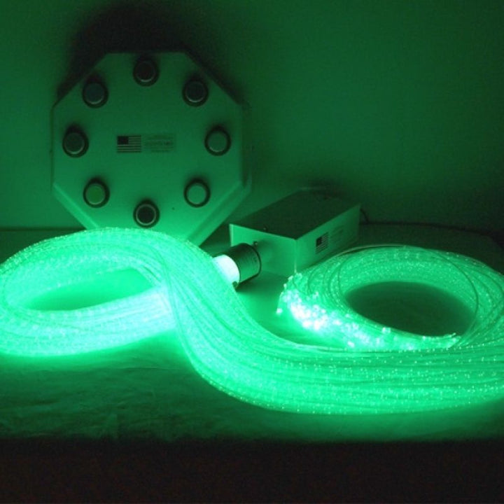 Experia Superactive LED Fibre Optic Bundle in green light with wireless 8-colour Qi-charging controller, showing the portable lap-safe fibre optic sensory bundle