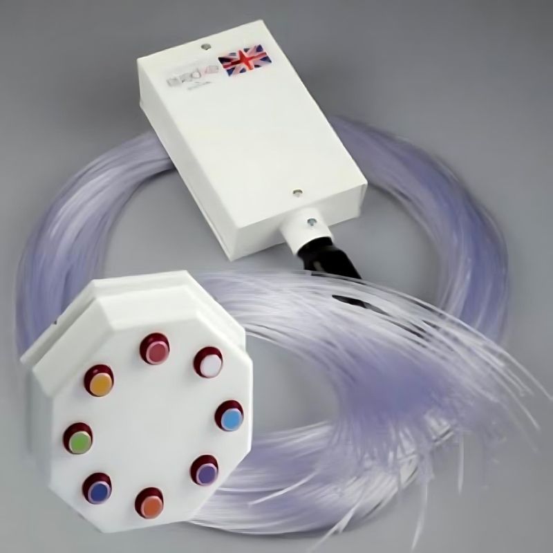 Experia Superactive LED Fibre Optic Bundle unlit with wireless controller, showing the full bundle unit and the 8-colour Qi-charging controller included with the portable fibre optic kit