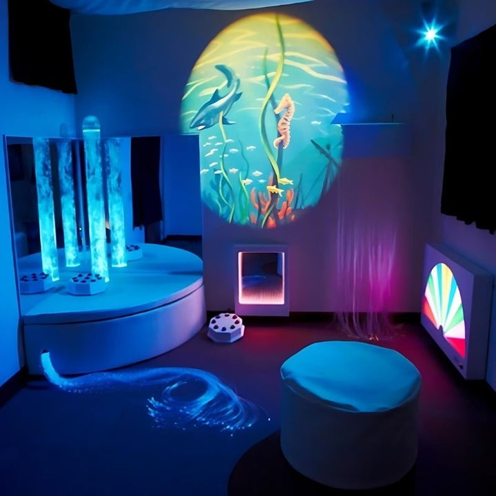 Experia Superactive Sensory Room complete setup showing bubble tube, fibre optics, infinity tunnel, and fanlite in the fully interactive wireless multi-sensory room package