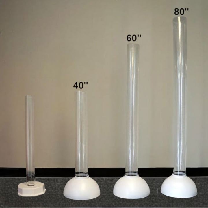 Experia Touch Sensitive LED Sensory Bubble Tube detailed size display showing a child seated beside the bubble tube to illustrate the 40, 60, and 80-inch height options