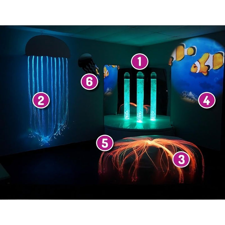 Experia Calming Underwater Adventure Sensory Room component overview showing all included items: bubble tube, Fiber Optic Jellyfish, Anemone, projector, and ocean sound system
