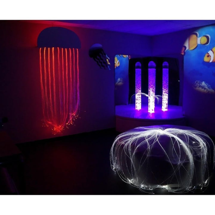 Experia Calming Underwater Adventure Sensory Room corner installation view with bubble tube in purple light, showing the full themed sensory room setup for schools and therapy clinics
