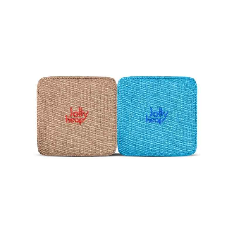 Woven fabric swatch for the JollyHeap Extra 16 magnetic block expansion set in light brown and turquoise, showing the embroidered logo detail and textured cover 
