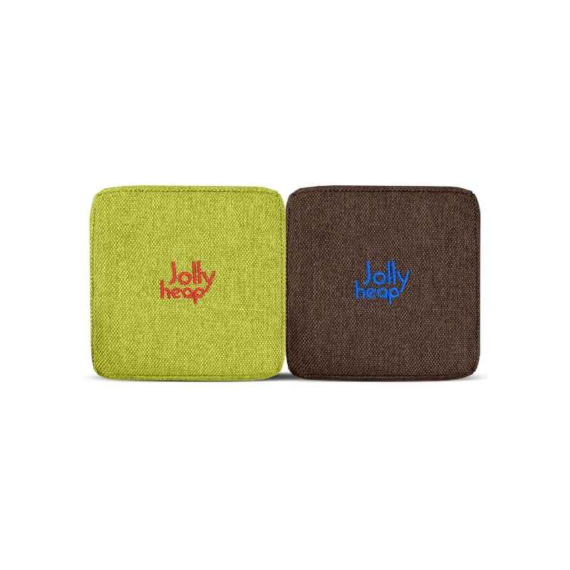 Woven fabric swatch for the JollyHeap Extra 16 magnetic block expansion set in lime green and dark brown, showing the embroidered logo detail and textured cover