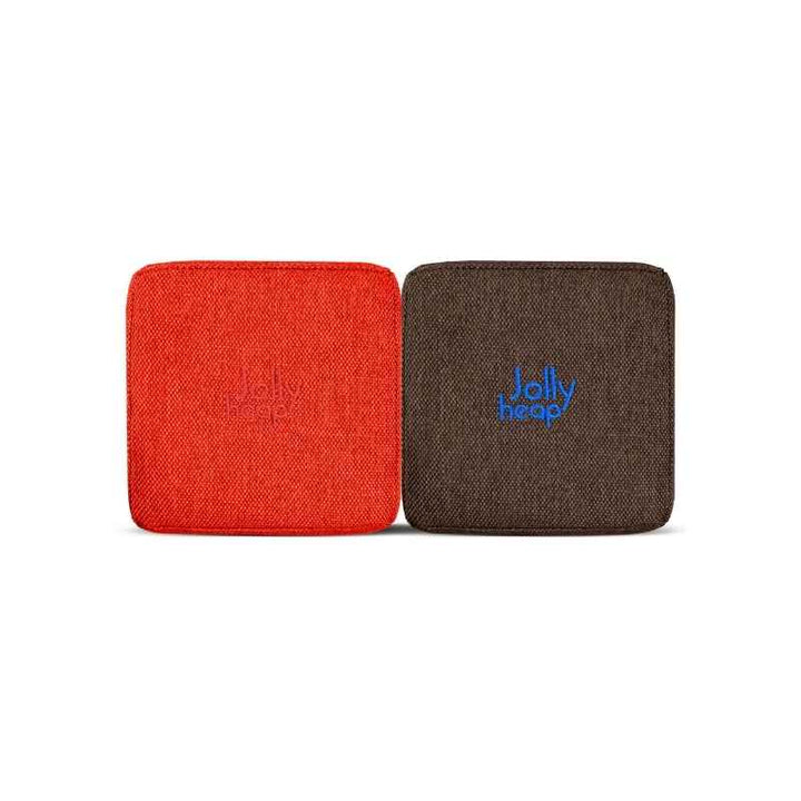 Woven fabric swatch for the JollyHeap Extra 16 magnetic block expansion set inred and dark brown, showing the embroidered logo detail and textured cover
