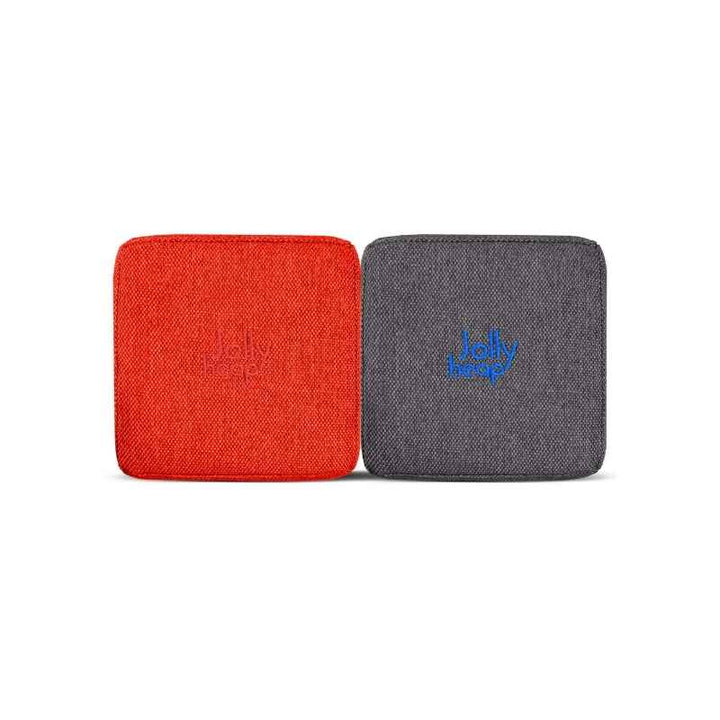 Woven fabric swatch for the JollyHeap Extra 16 magnetic block expansion set in red and dark grey, showing the embroidered logo detail and textured cover