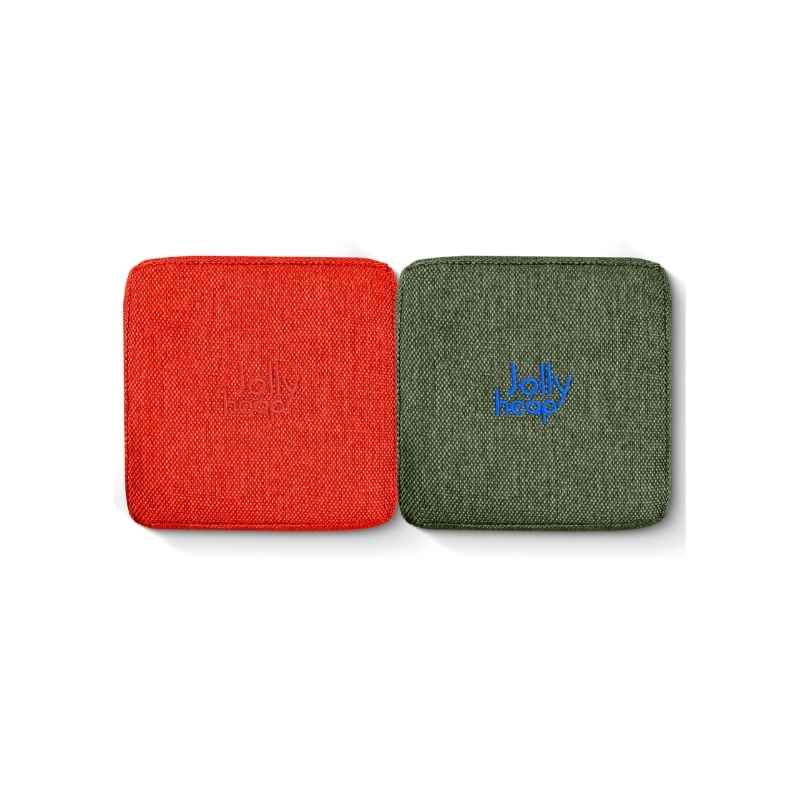 Woven fabric swatch for the JollyHeap Extra 16 magnetic block expansion set in orange and green, showing the embroidered logo detail and textured cover
