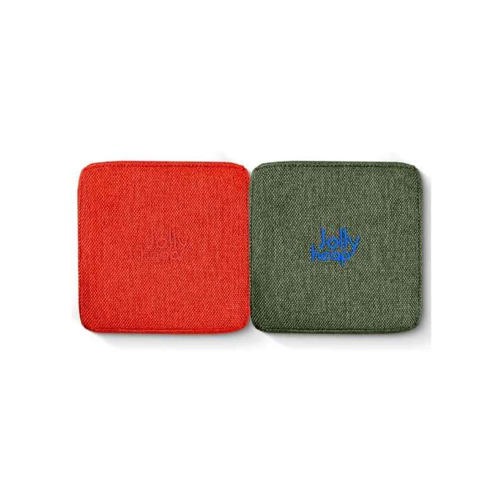 Woven fabric swatch for the JollyHeap Extra 16 magnetic block expansion set in orange and green, showing the embroidered logo detail and textured cover