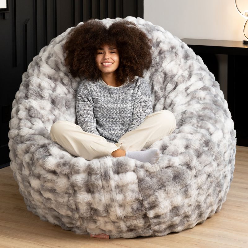 Big Snuggler by Raven-Symone faux fur bean bag lounger in Phantom Gray flipped upright as a cozy chair