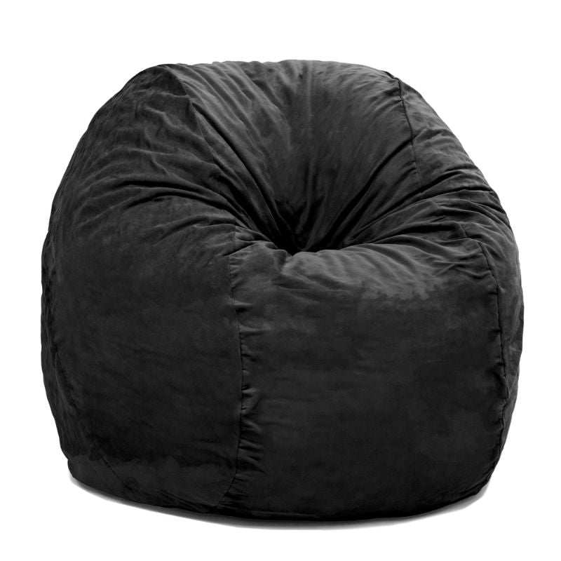 Front view of the Jaxx Saxx 4ft foam bean bag chair in Black microsuede, a round bean bag chair for teens and adults