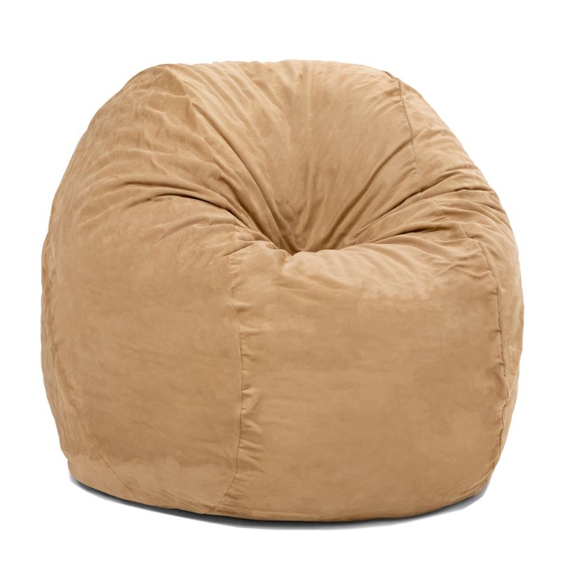 Camel microsuede Jaxx Saxx 4ft foam bean bag chair seen from the front, cozy seating for living rooms, dorms and reading nooks