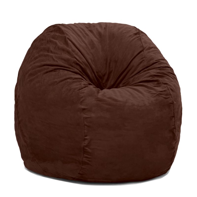 Chocolate microsuede Jaxx Saxx 4ft foam bean bag chair from the front, a supportive round bean bag chair filled with foam micro-cushions