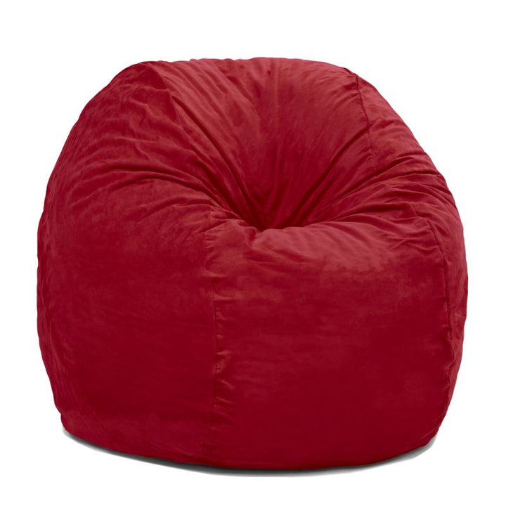 Front view of the Jaxx Saxx 4ft foam bean bag chair in Cinnabar red microsuede, a round bean bag chair for rec rooms and teen spaces