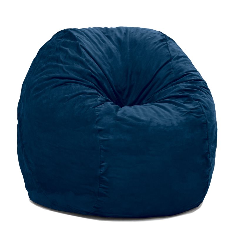 Front view of the Jaxx Saxx 4ft foam bean bag chair in Navy microsuede, a round bean bag chair for teens and adults with a washable cover