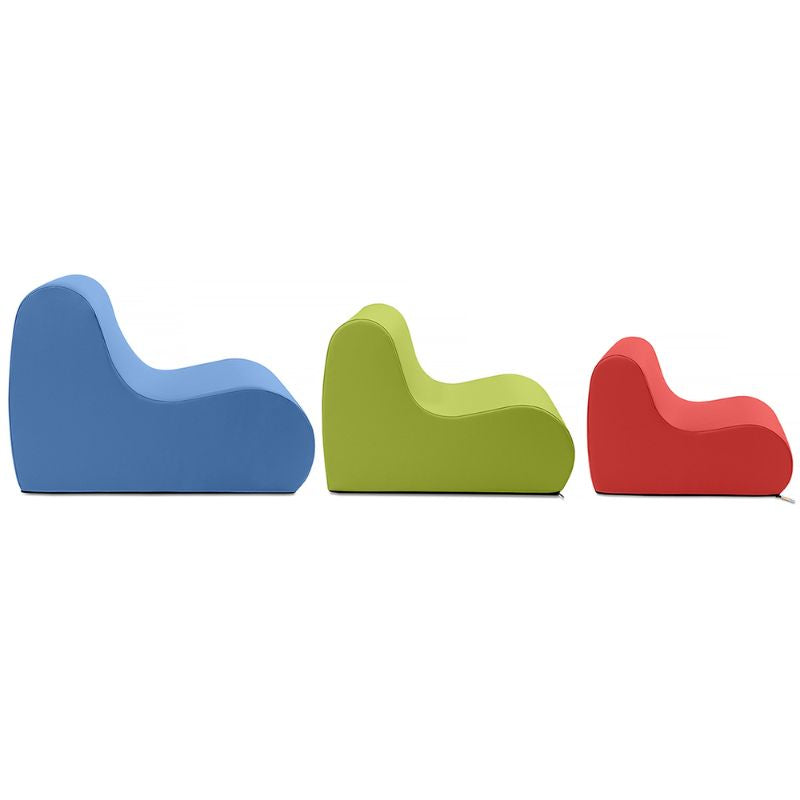 Blue, green and red Jaxx Midtown foam chairs shown side by side in Small, Medium and Large sizes for classroom soft seating
