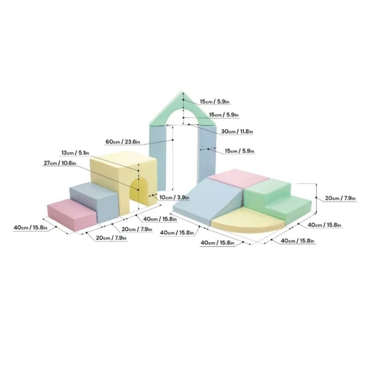 IGLU Foam Play Set Creativity dimension diagram showing cm and inch measurements for each modular foam shape