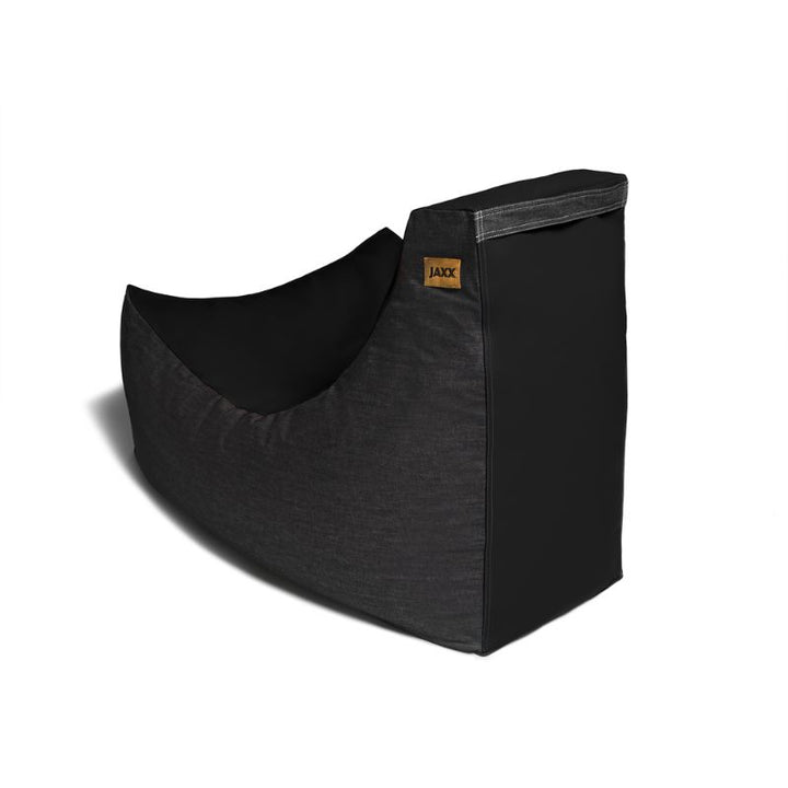 Side view of the Jaxx Pixel gaming bean bag chair in black vinyl and denim, a durable library seating option for kids