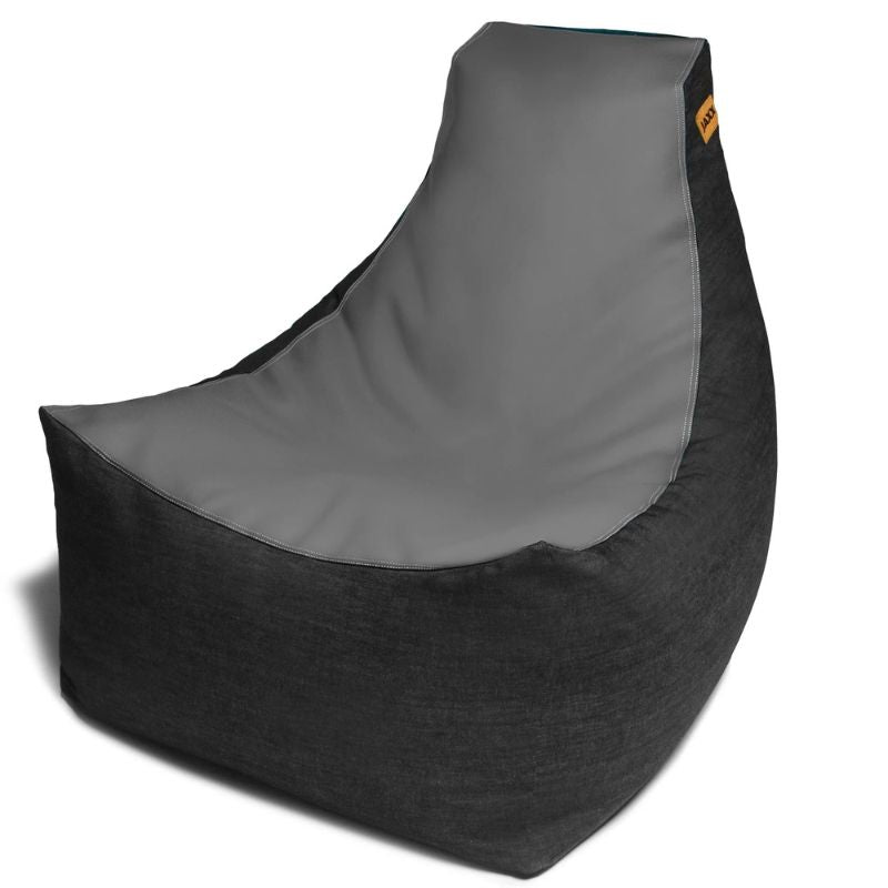 Jaxx Pixel gaming bean bag chair in black vinyl and denim, a durable classroom seating option for kids