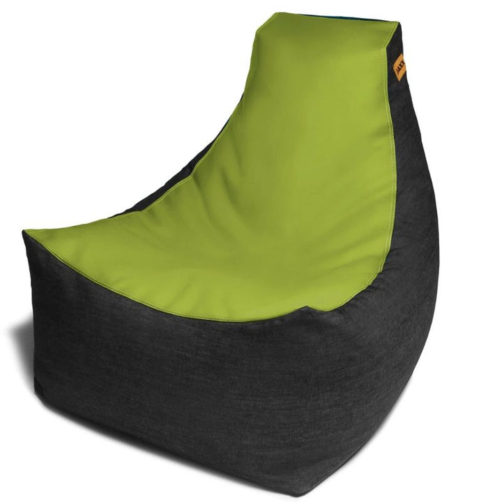 Jaxx Pixel gaming bean bag chair in charcoal grey vinyl and denim, a wipes-clean library seating option for kids