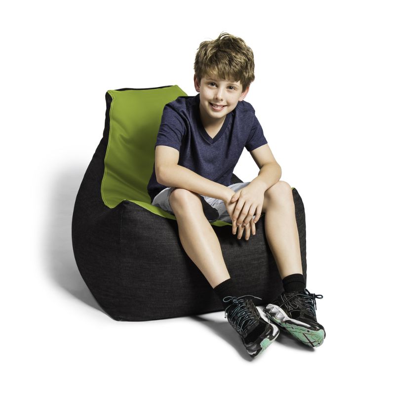 A boy sits comfortably in the Jaxx Pixel gaming bean bag chair in green, a supportive seat for kids' classrooms