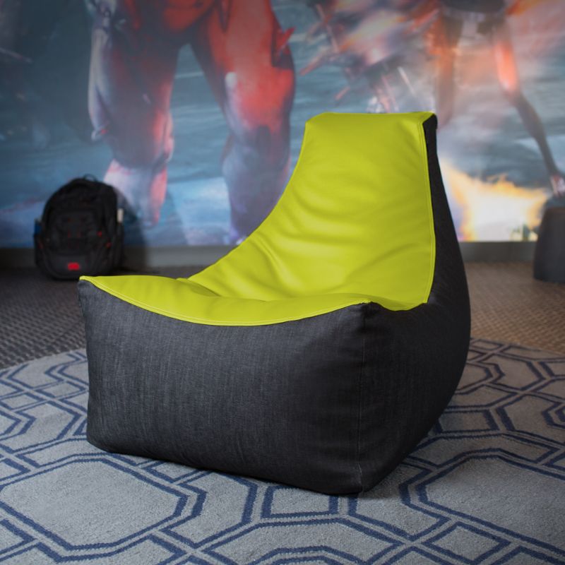 The Jaxx Pixel gaming bean bag chair in green sits in a game room, a comfortable seat for kids and classrooms