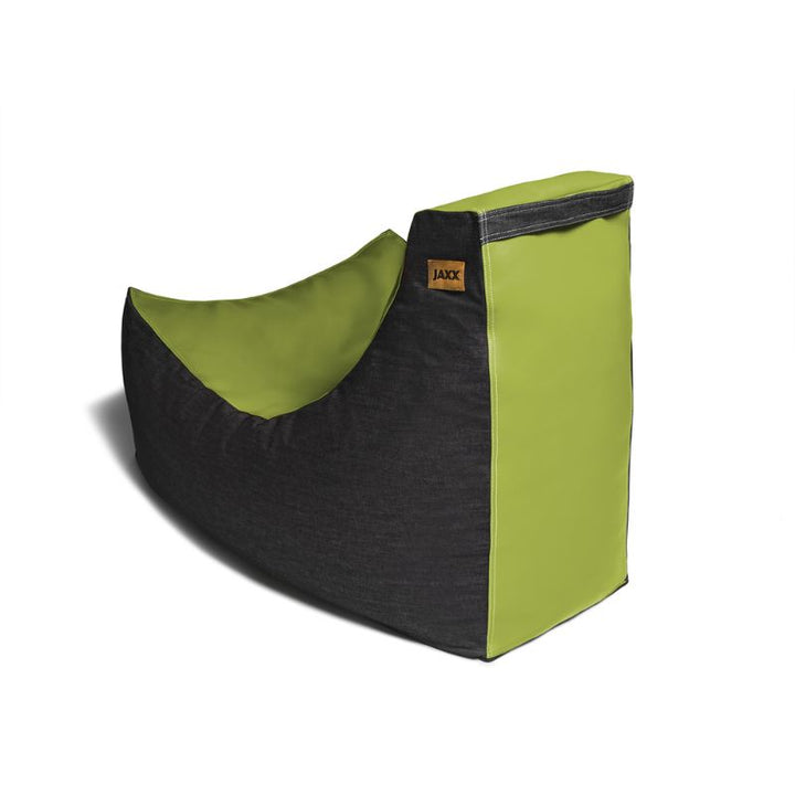 Side view of the Jaxx Pixel gaming bean bag chair in green vinyl and black denim, a low sensory seat for classrooms