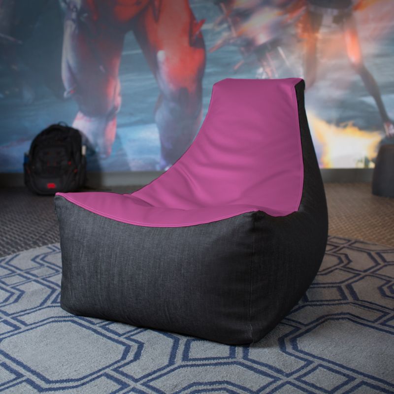 The Jaxx Pixel gaming bean bag chair in purple sits in a game room, a low supportive seat for kids