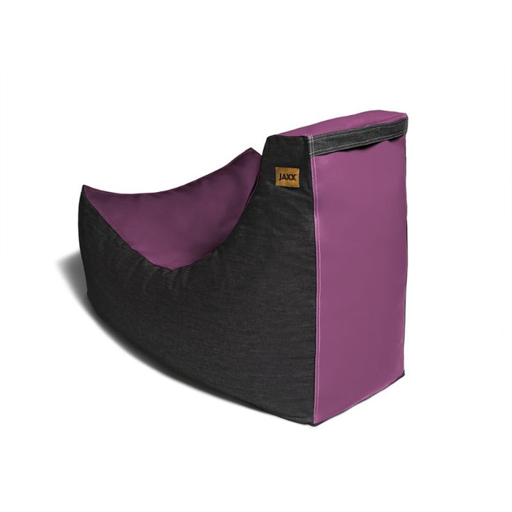 Side view of the Jaxx Pixel gaming bean bag chair in purple vinyl and black denim, a gaming chair for kids' rooms