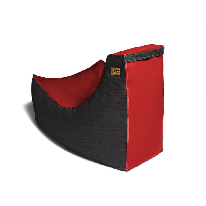 Side view of the Jaxx Pixel gaming bean bag chair in red vinyl and black denim, a comfortable seat for kids' game rooms