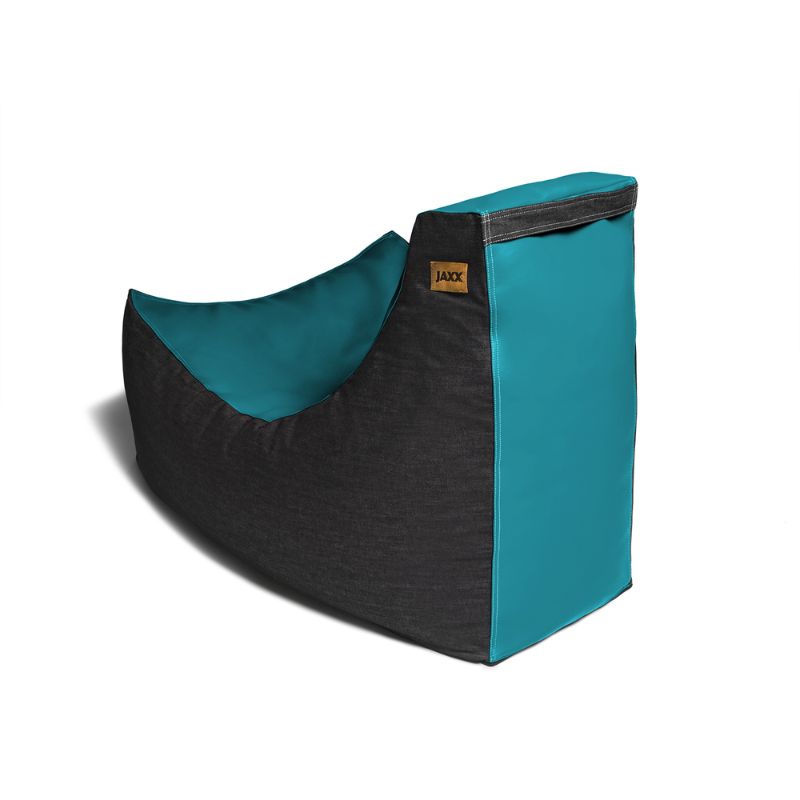 Side view of the Jaxx Pixel gaming bean bag chair in teal vinyl and black denim, a wipes-clean classroom seat for kids